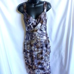 London Times cute ruffles dress, Sz 10P, Gray/brown, 19" PTP, 36" L